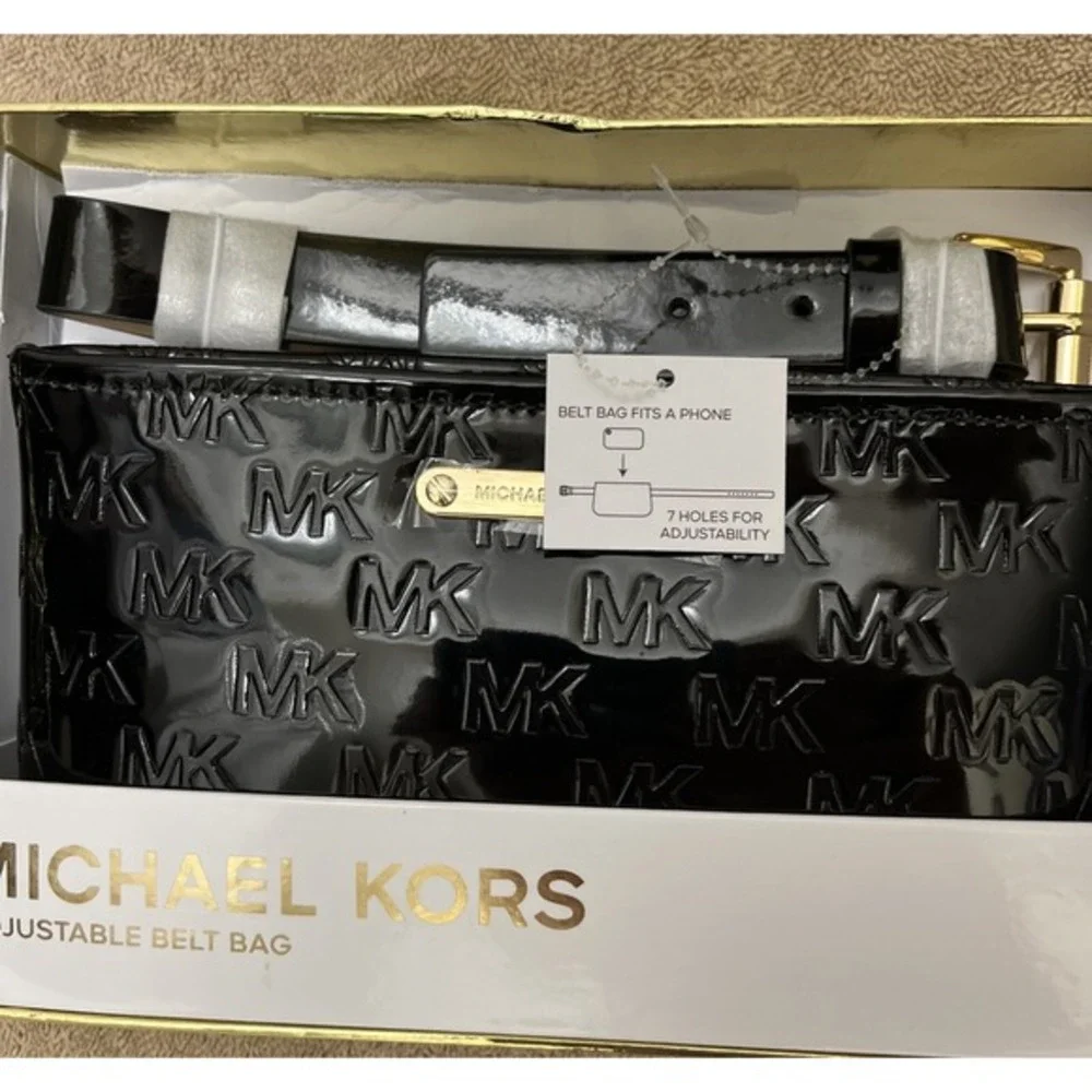 Michael Kors MK Logo Debossed Adjustable Belt Bag Patent Leather Black‎